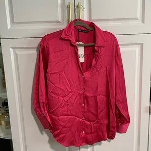 Zara hot pink silk blouse in S. Never worn. NWT.